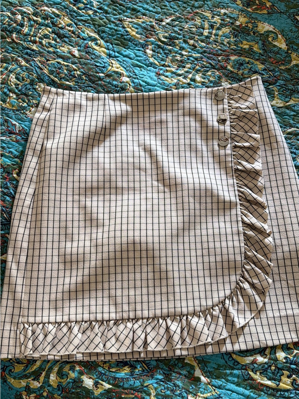 Tory Burch Plaid Ruffle Wrap Mini Skort in Beige